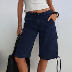 Low Waist Cargo Drawstring Knee Length Pants with Pockets