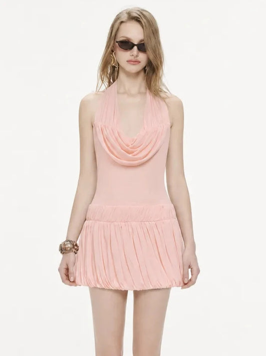 Halter Neck Folds Draped Pleated Hem Mini Dress