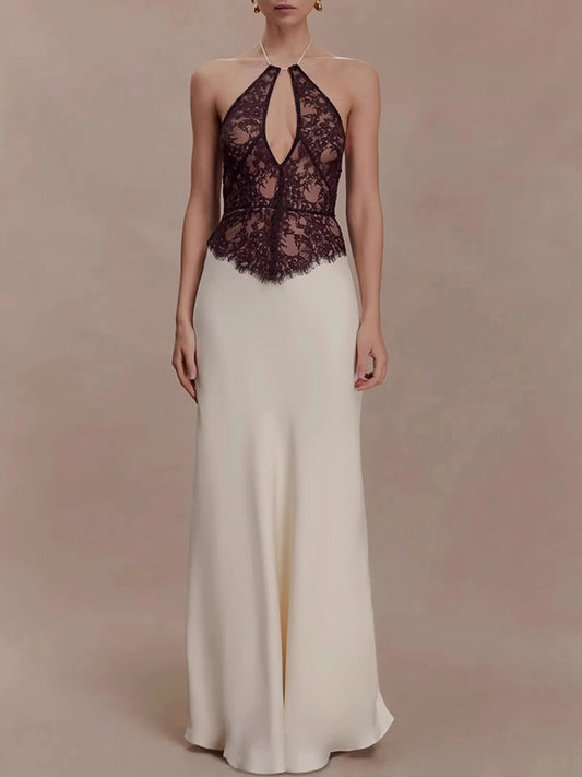 White Lace Black Patchwork Halter Maxi Dress