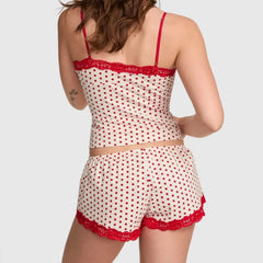 Dotted Lace Trim Crop Top and Shorts Pajama Set