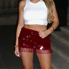 Red Tassels Sequins Mini Skirt