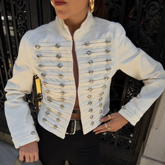 Denim Embroidered Button Jacket And Micro Shorts Set