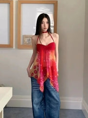 Red Halterneck Floral Print Top