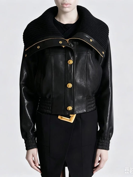 Black Pu Leather Gold Button Zip Collar Jacket