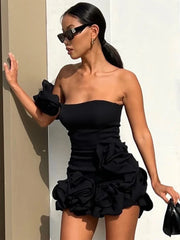 Black Pink One Shoulder Sleeveless Ruffled Ruched Mini Dress