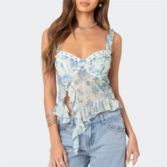 Blue Floral Print Ruffles Tank Top