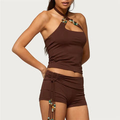 Brown Cross Strap Beaded Crop Top and Drawstring Shorts Set