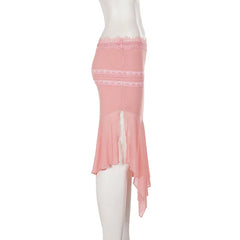 Pink Lace Trim Mesh Hem Midi Skirt