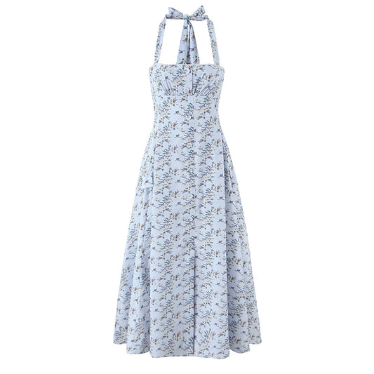 Halter A-line Midi Buttoned Dress