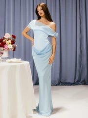 Blue Satin Corset Chiffon Off-shoulder Maxi Dress