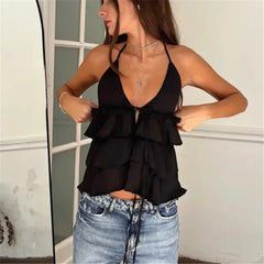 Halter Open Back Layered Ruffle Crop Top