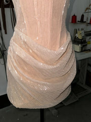 Beige Sheer Sequined Corset Draped Mini Dress