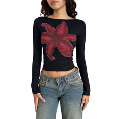 Boat Neck Long Sleeve Floral/Star Print Top