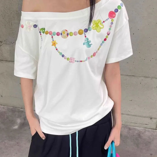 White Charm Beaded Print Off Shoulder Short Sleeve T-shirt