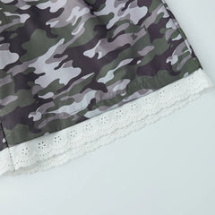 Elastic Waist Knee Length Plaid Camo Print Lace Trim Bermuda Capri Shorts