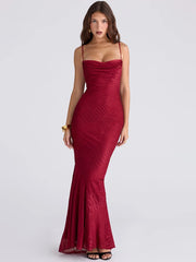Woman wearing a red strapless gown 