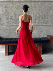Red Lace-up Spaghetti Strap Maxi Dress