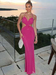 Pink Mesh Strappy Cut Out Maxi Dress