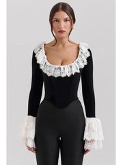 Long Sleeve Lace Flare Trim Corset Top