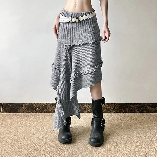 Grey Irregular Knitted Midi Skirt