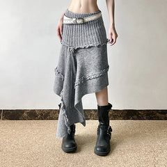 Grey Irregular Knitted Midi Skirt