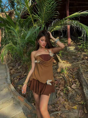 Brown Butterfly Cowl Mesh Ruffle Mini Dress