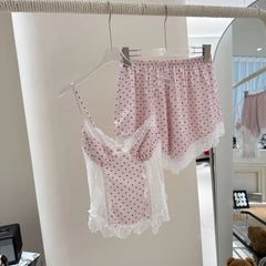 Pink Polka Dot Lace Patchwork Pyjamas Two Piece Set