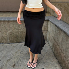 Black Folds Mermaid Hem Low Waist Midi Skirt