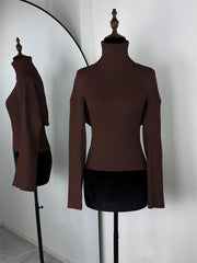 Ribbed Knit Turtleneck Cutout Shoulder  Vest Long-Sleeved Shawl 2-Piece Set Top