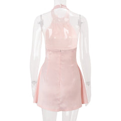 Pink Satin Halter Bow Tie A Line Mini Dress