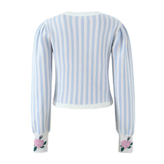 Stripe Knitted Flower Pockets Cardigan