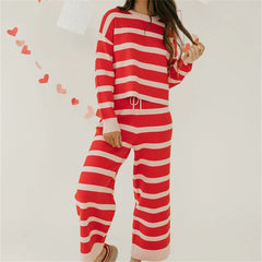 Striped Knit Crew Neck Long Sleeve Top And Drawstring Wide Leg Pants Set