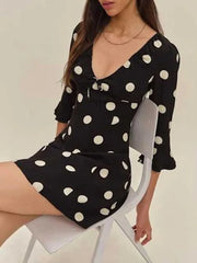 Black Polka Dot Print Three Quarter Sleeves Mini Dress