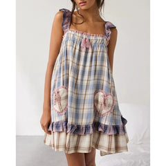 Plaid/Floral Print Sleeveless Lace Ruffle Babydoll Mini Dress