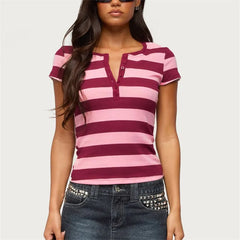 Pink Striped  Half Button Short Sleeve T‑Shirt