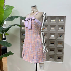 Tweed Bow Detail Halter Mini Dress