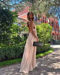 Pink Deep V-neck Backless Halter Maxi Dress