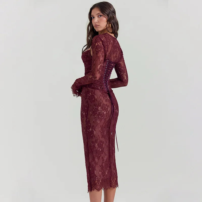 Red Lace Bodycon Long Sleeve Midi Dress