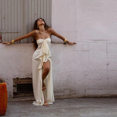 White Satin Front Tie Strapless Maxi Dress