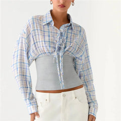 Plaid Button Down Waistband Splicing Blouse