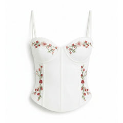 Spaghetti Strap Floral Embroidery Bodycon Top