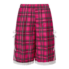Elastic Waist Knee Length Plaid Camo Print Lace Trim Bermuda Capri Shorts