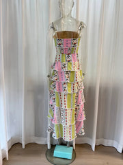 Floral Patchwork Pom Pom Trim Tiered Maxi Dress