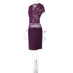 Purple Lace Sheer Short Sleeve Crop Top And Midi Skirt Set