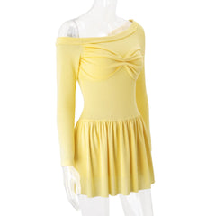 Yellow Hollow See-through Pleated Long Sleeve Mini Dress