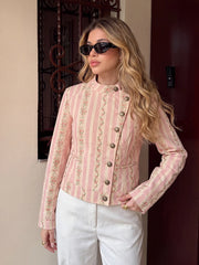 Floral Striped Jacquard  Diagonal Button Stand Collar Jacket