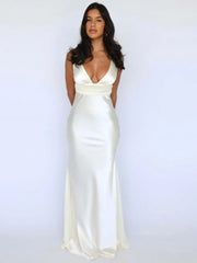 V-neck Satin Backless Pearl Chain Long Dress