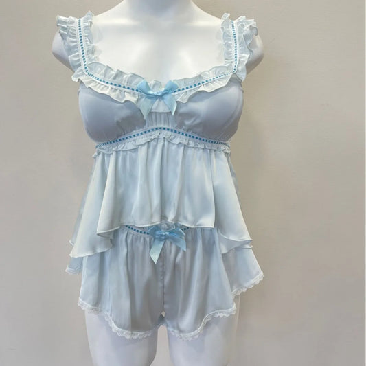 Satin Ruffle Strap Babydoll Top And Shorts Sleepwear Set