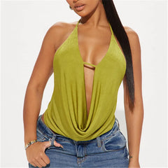 Deep Plunge Halter Neck Sleeveless Open Back Tie Top