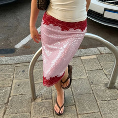 Sequin Lace Patchwork Midi Skirt